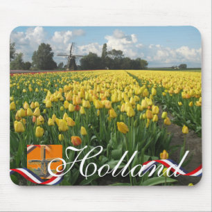 Yellow Tulips in Field Dutch Windmill Holland Mouse Pad