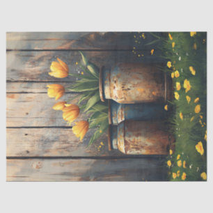 Yellow Tulips in Rustic Cannisters Art Decoupage Tissue Paper