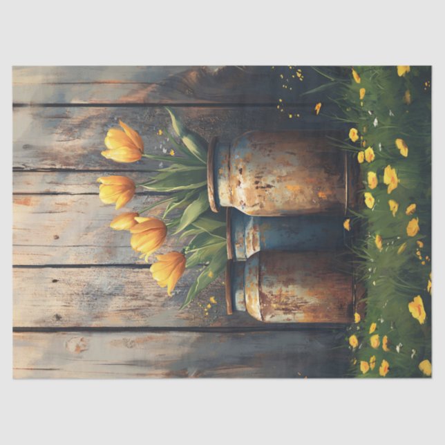 Yellow Tulips in Rustic Cannisters Art Decoupage Tissue Paper (Front)