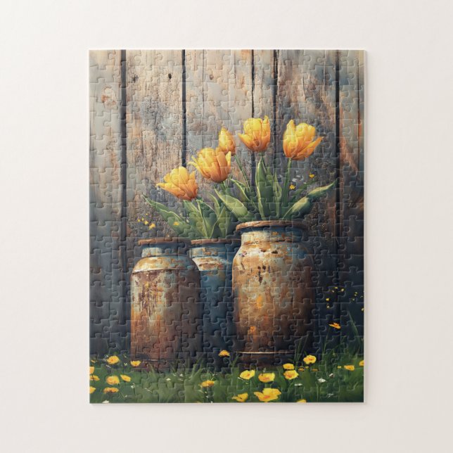 Yellow Tulips in Rustic Cannisters Art Jigsaw Puzzle (Vertical)