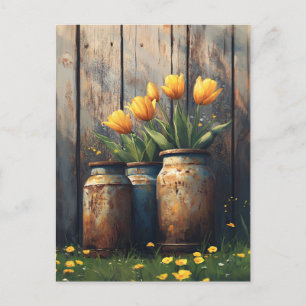 Yellow Tulips in Rustic Cannisters Art Postcard