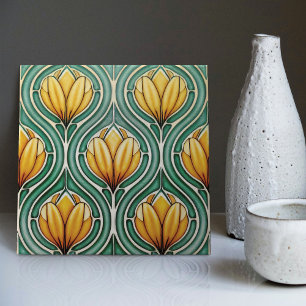 Yellow Tulips Symmetric Pattern Art Nouveau Ceramic Tile