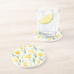 Yellow Tulips Watercolor Floral Painting Botanical Coaster