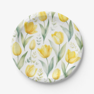 Yellow Tulips Watercolor Floral Painting Botanical Paper Plate