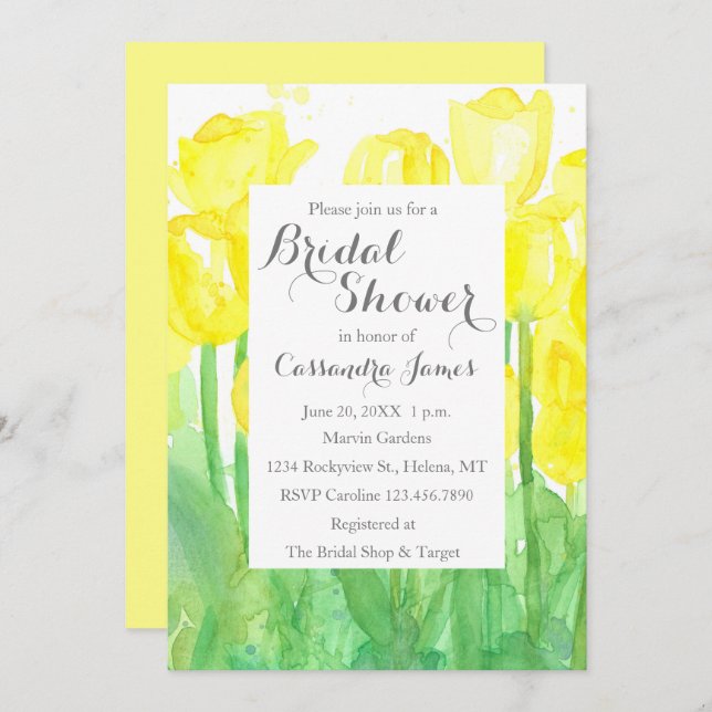 Yellow Tulips Watercolor Flowers Bridal Shower Invitation (Front/Back)