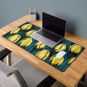 Yellow tulips with blue leaves desk mat