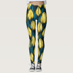 Yellow tulips with blue leaves leggings