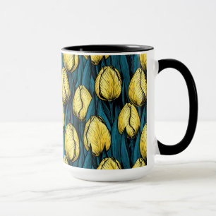 Yellow tulips with blue leaves mug