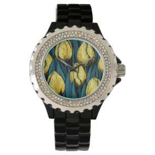 Yellow tulips with blue leaves watch
