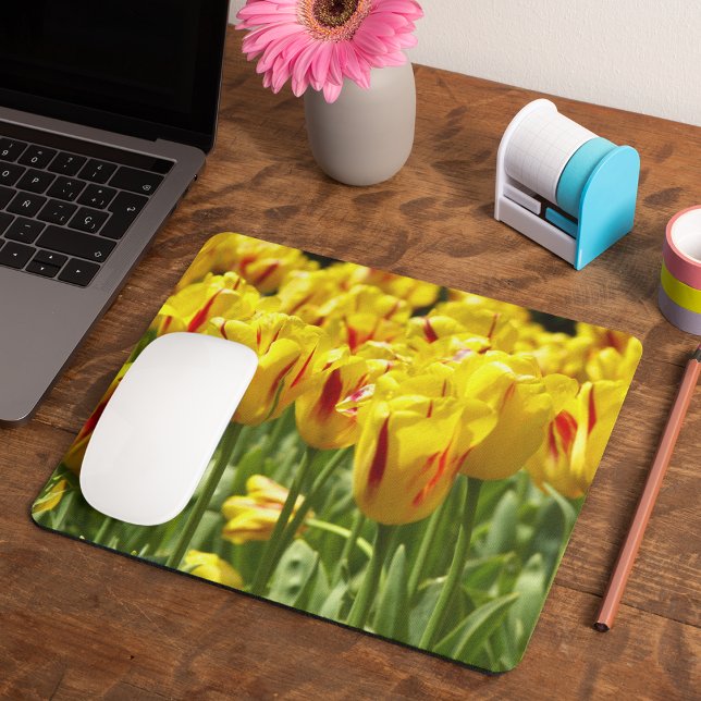 Yellow Tulips with Red Stripes Floral Mouse Pad (In Situ)