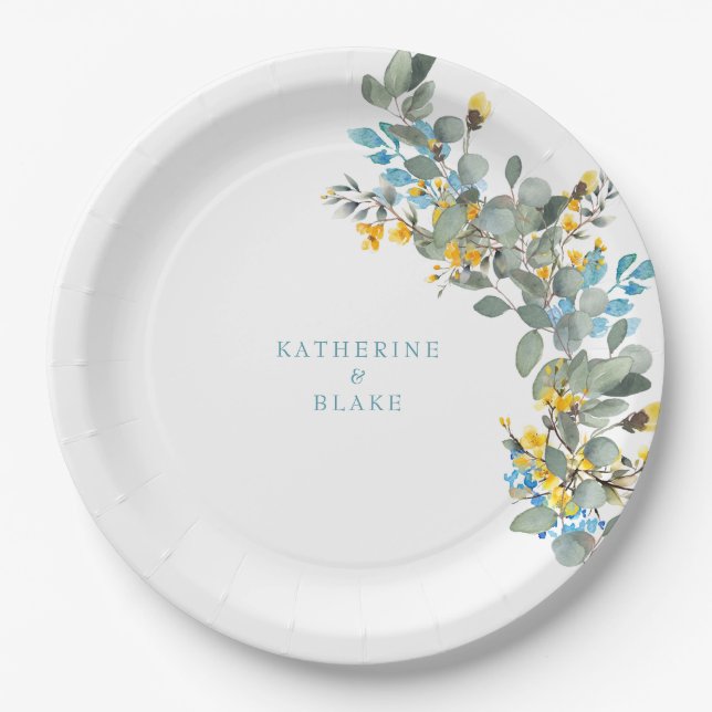 Yellow & Turquoise Eucalyptus Names Wedding Paper Plate (Front)