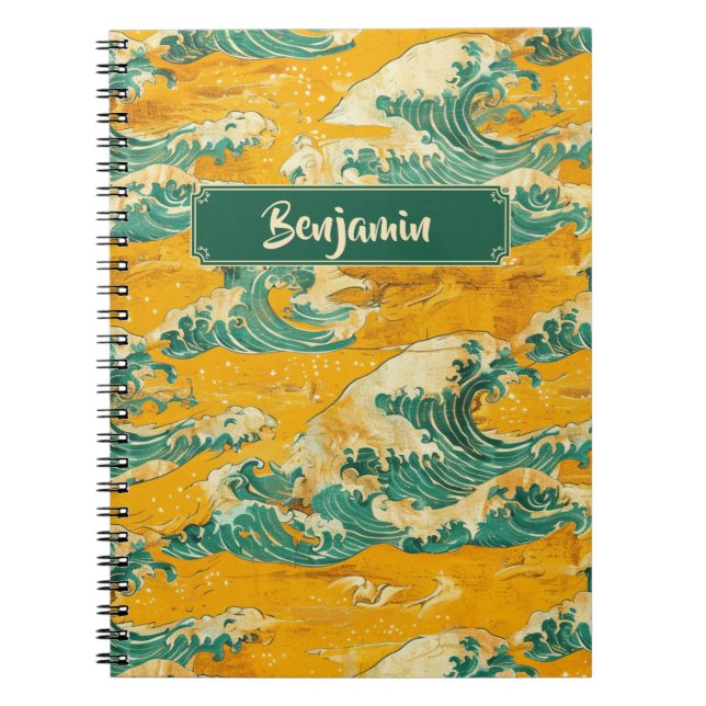 Yellow Turquoise Japanese Ocean Waves Traditional Notebook (Front)