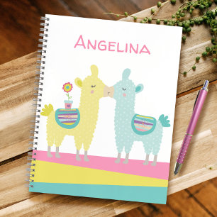 Yellow turquoise llamas kiss kawaii name school notebook