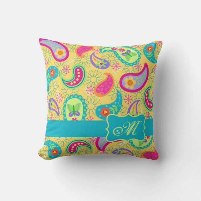 Yellow Turquoise Modern Pasley Pattern Monogram Cushion (Front)