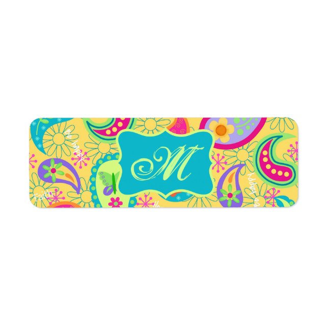 Yellow Turquoise Modern Pasley Pattern Monogram Return Address Label (Front)