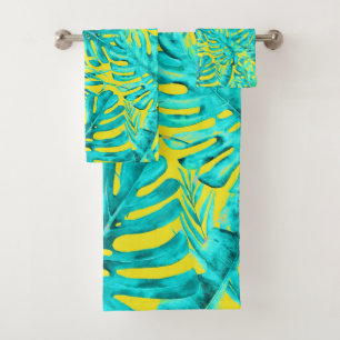 Yellow & Turquoise Tropical Palm Leaves Island  Bath Towel Set
