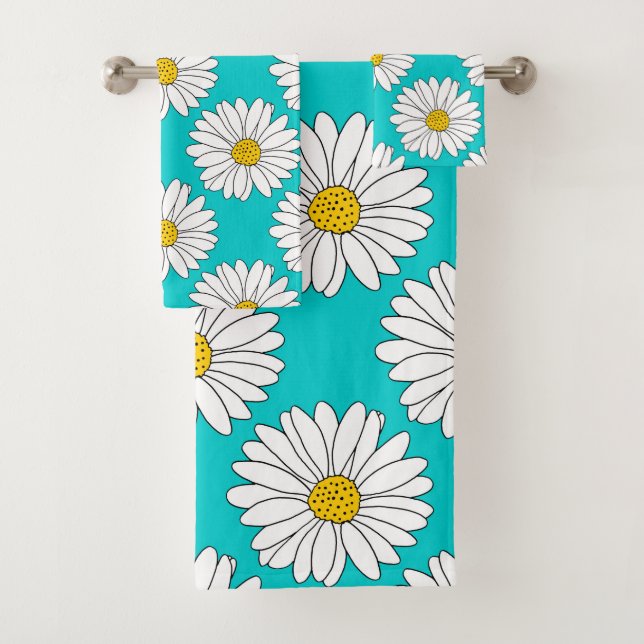 Yellow Turquoise White Daisy Pattern Bath Towel Set (Insitu)