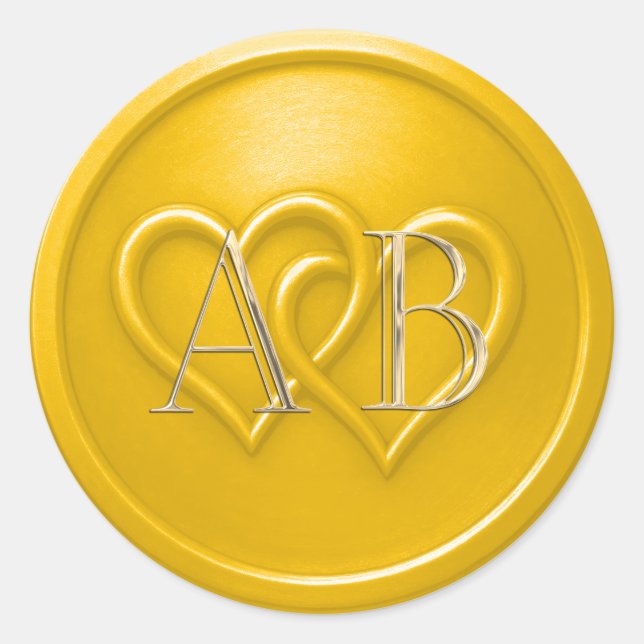 Yellow Two Hearts Intertwined Monogram Wedding Classic Round Sticker (Front)