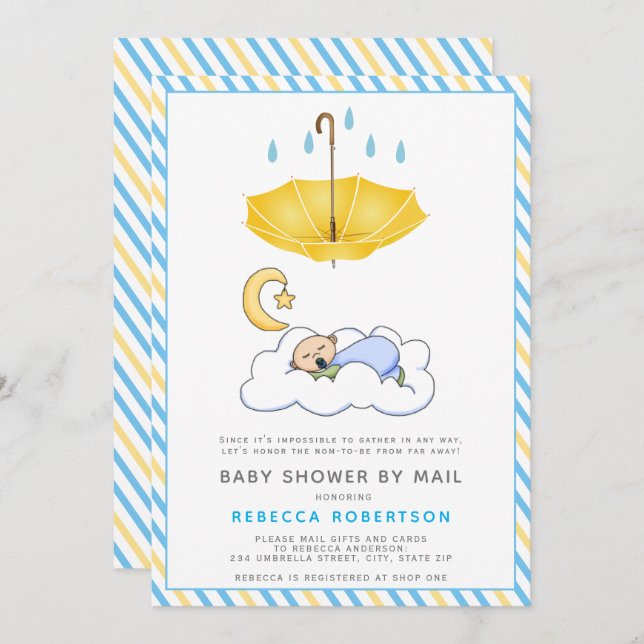 Yellow umbrella, sleeping baby boy shower by mail invitation (Front/Back)