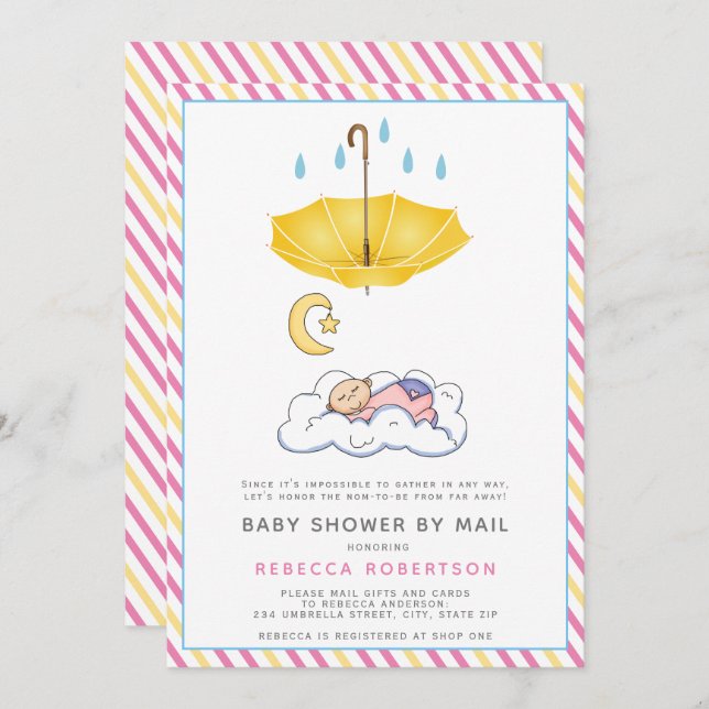 Yellow umbrella, sleeping baby girl shower by mail invitation (Front/Back)