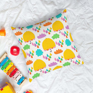Yellow Umbrellas with Clouds and Raindrops Cushion