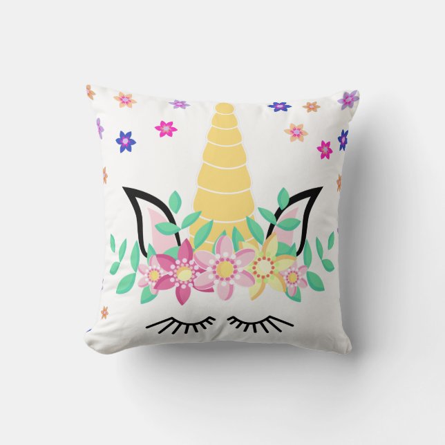 Yellow Unicorn Flower Print Throw Pillow (Front)