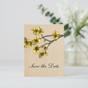 Yellow Vintage Cherry Blossoms Save the Date Announcement Postcard