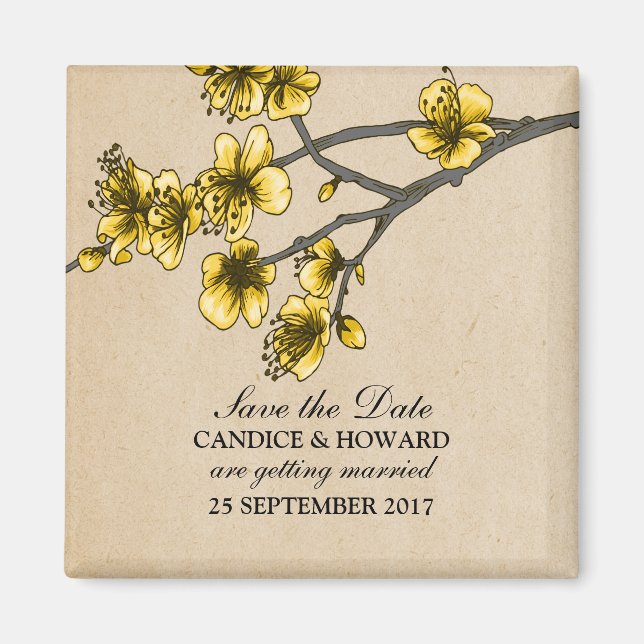Yellow Vintage Cherry Blossoms Save the Date Magnet (Front)