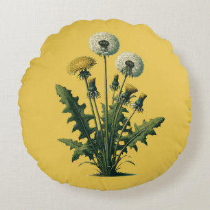 Yellow Vintage Dandelion Flowers  Round Cushion
