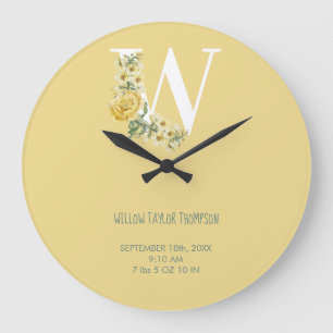 Yellow Vintage Flowers Initial Baby Birth Stats Large Clock