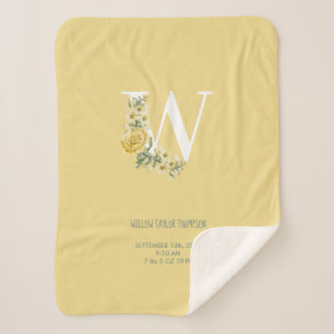 Yellow Vintage Flowers Initial Baby Birth Stats Sherpa Blanket