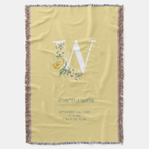 Yellow Vintage Flowers Initial Baby Birth Stats Throw Blanket