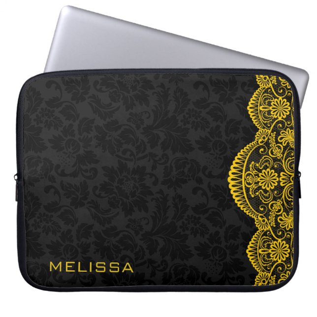 Yellow Vintage Lace Black Damasks Laptop Sleeve (Front)