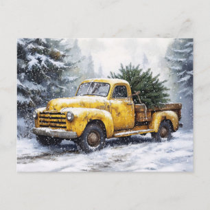 Yellow Vintage Pickup Truck Christmas Tree Postcard