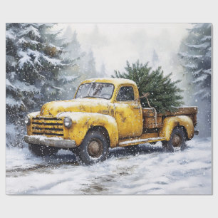 Yellow Vintage Pickup Truck Christmas Tree Wrapping Paper