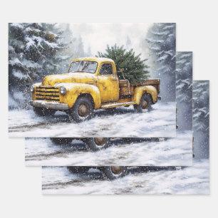 Yellow Vintage Pickup Truck Christmas Tree Wrapping Paper Sheet