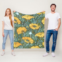 Yellow Vintage Poppy Fleece Blanket