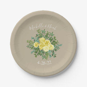 Yellow Vintage Rose Elegant Wedding Paper Plate