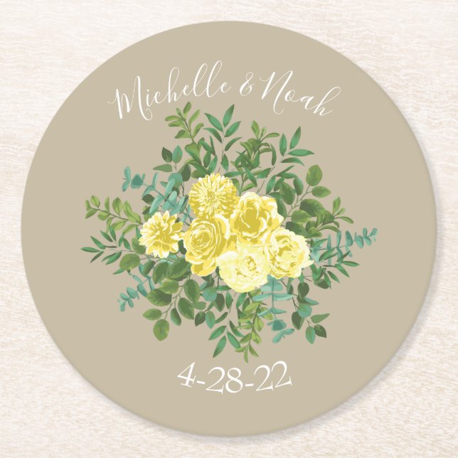 Yellow Vintage Rose Elegant Wedding Round Paper Coaster (Front)
