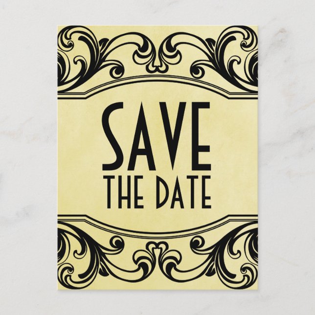 Yellow Vintage Swirls Save the Date Postcard (Front)