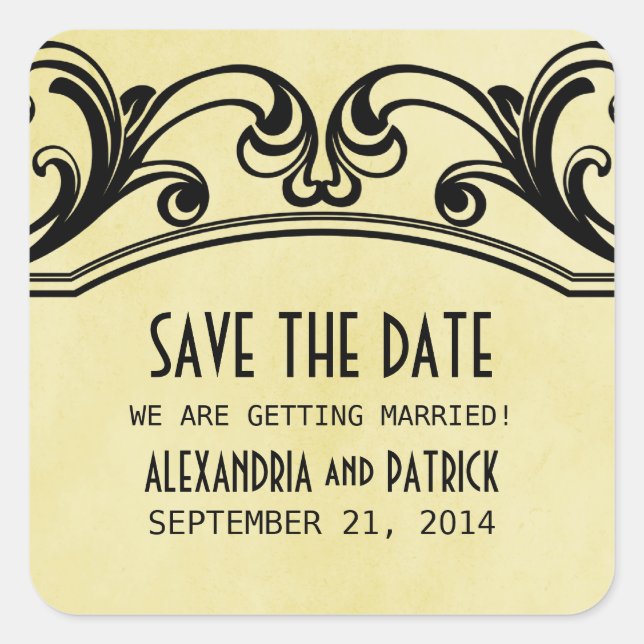 Yellow Vintage Swirls Save the Date Stickers (Front)