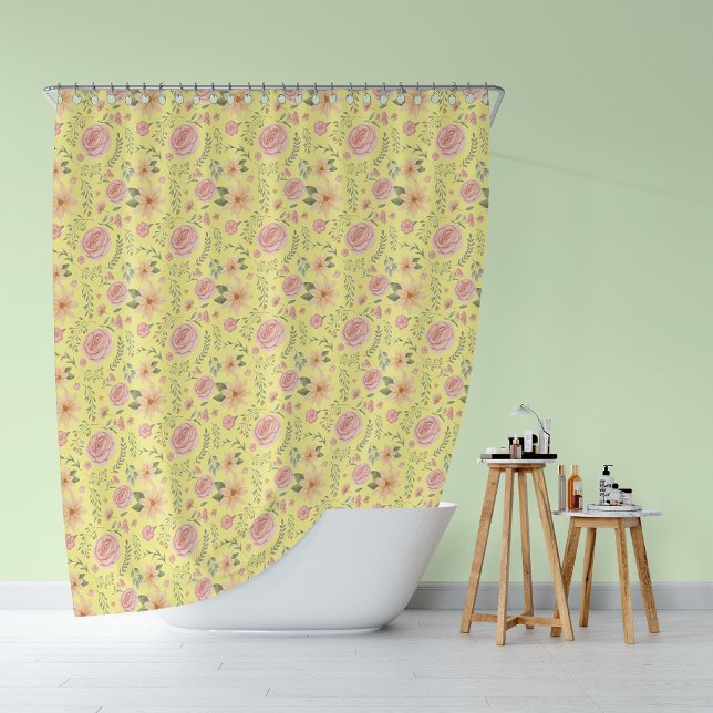Yellow Vintage Wildflower Rose Pattern  Shower Curtain (Yellow Vintage Wildflower Rose Pattern Shower Curtain)