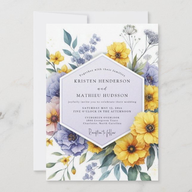 Yellow Violet Botanical Whimsy Wedding Invitation (Front)