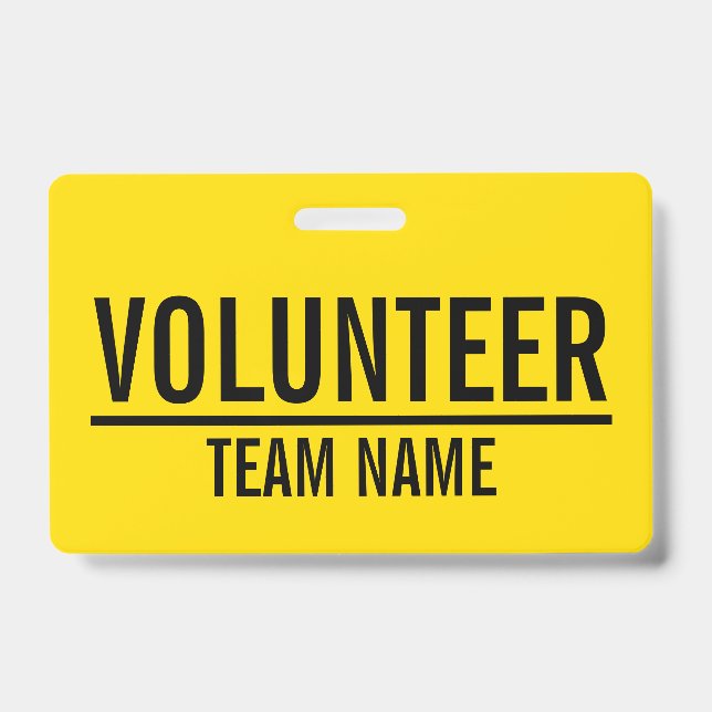 Yellow Volunteer Badge with Custom Team Name ID Badge (Front)