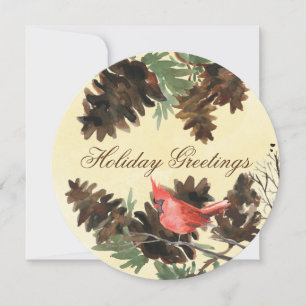 Yellow w. Red Cardinal Pine Cones Holiday Card