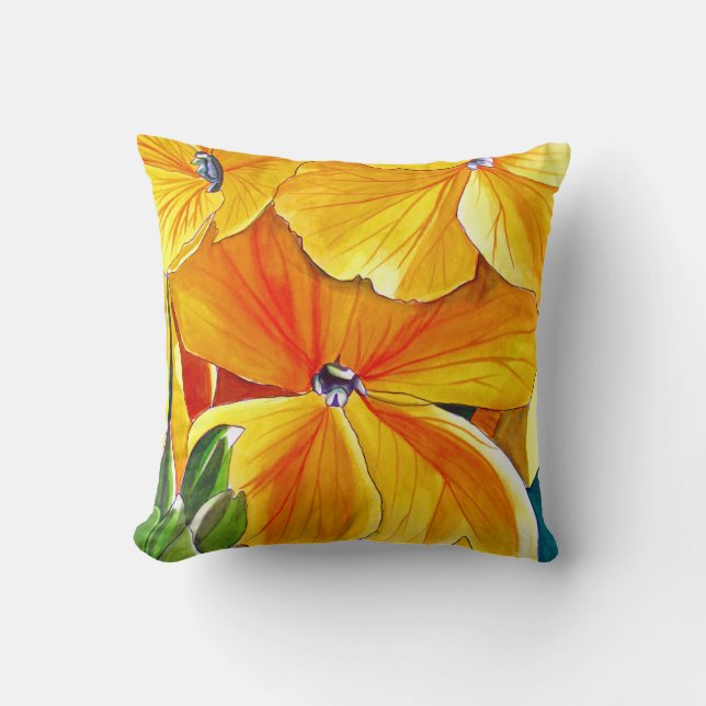 Yellow wallflower watercolour flower art cushion (Front)