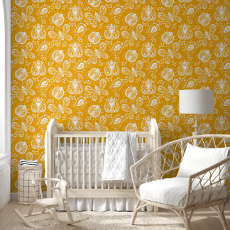 Yellow Wallpaper with White Moths and Bugs