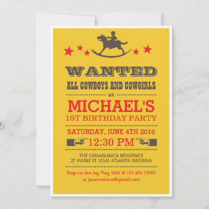 Yellow Wanted Western Cowboy Birthday Invitation