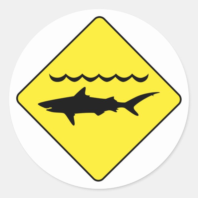 Yellow 'warning sharks' sign classic round sticker (Front)