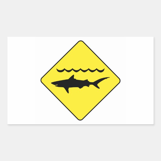 Yellow 'warning sharks' sign rectangular sticker (Front)